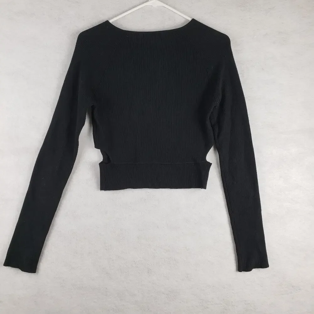 Zara Knit Women's L Long Sleeve Cutout Ribbed Crop‎ Top Solid Black Minimalist